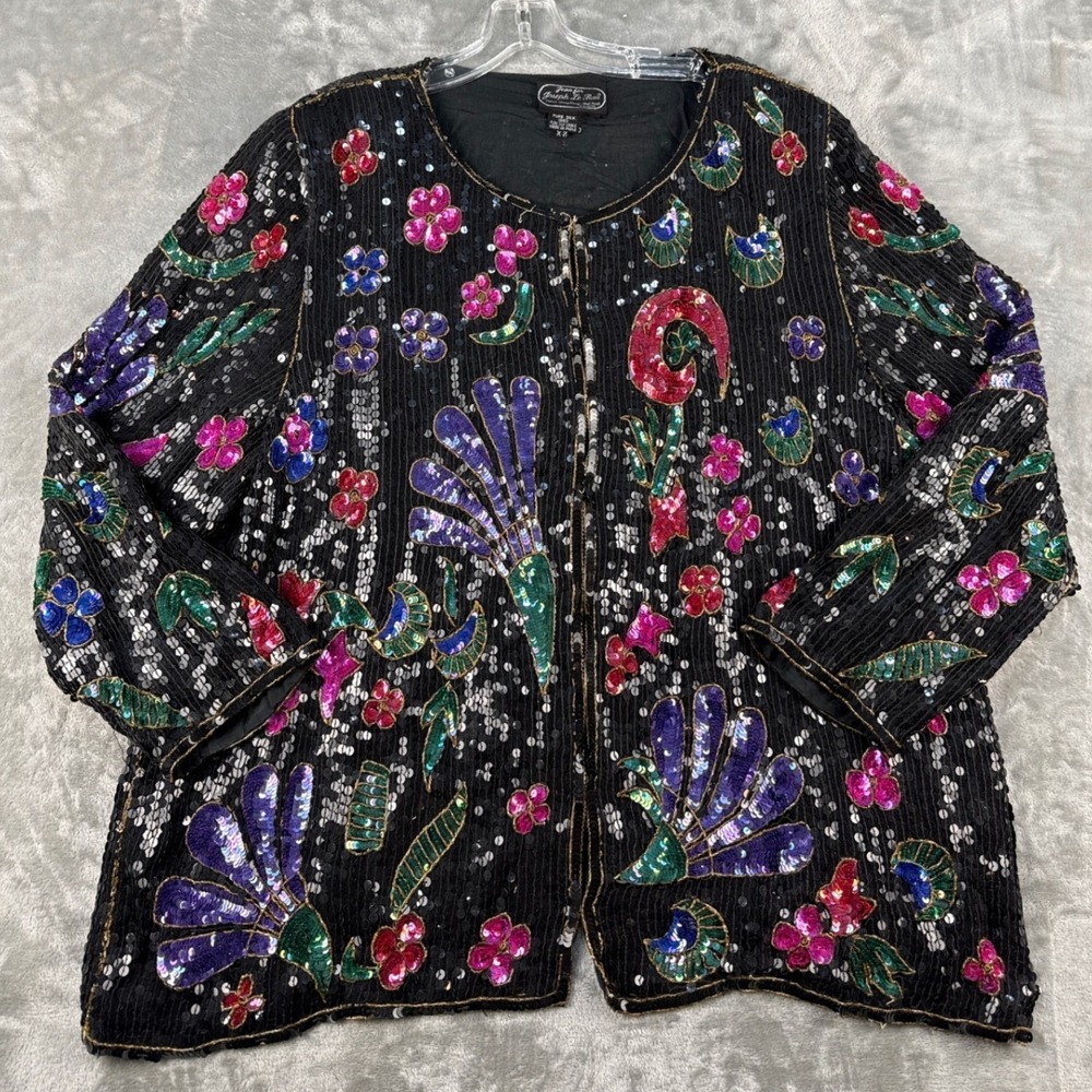 VTG Jean for Joseph Le Bon Jacket Womens XL Silk Sequin‎ Floral Beaded Black EUC